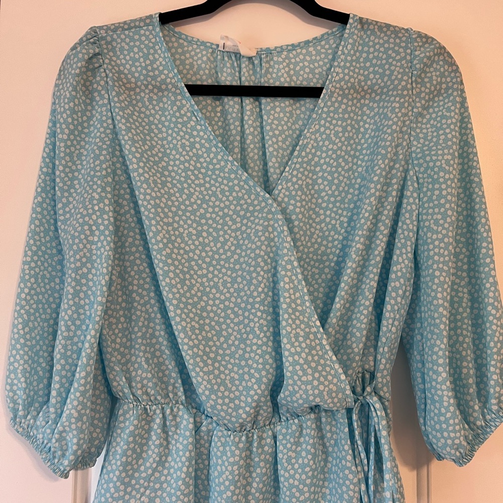 Blue and White Polka Dot Wrap Top